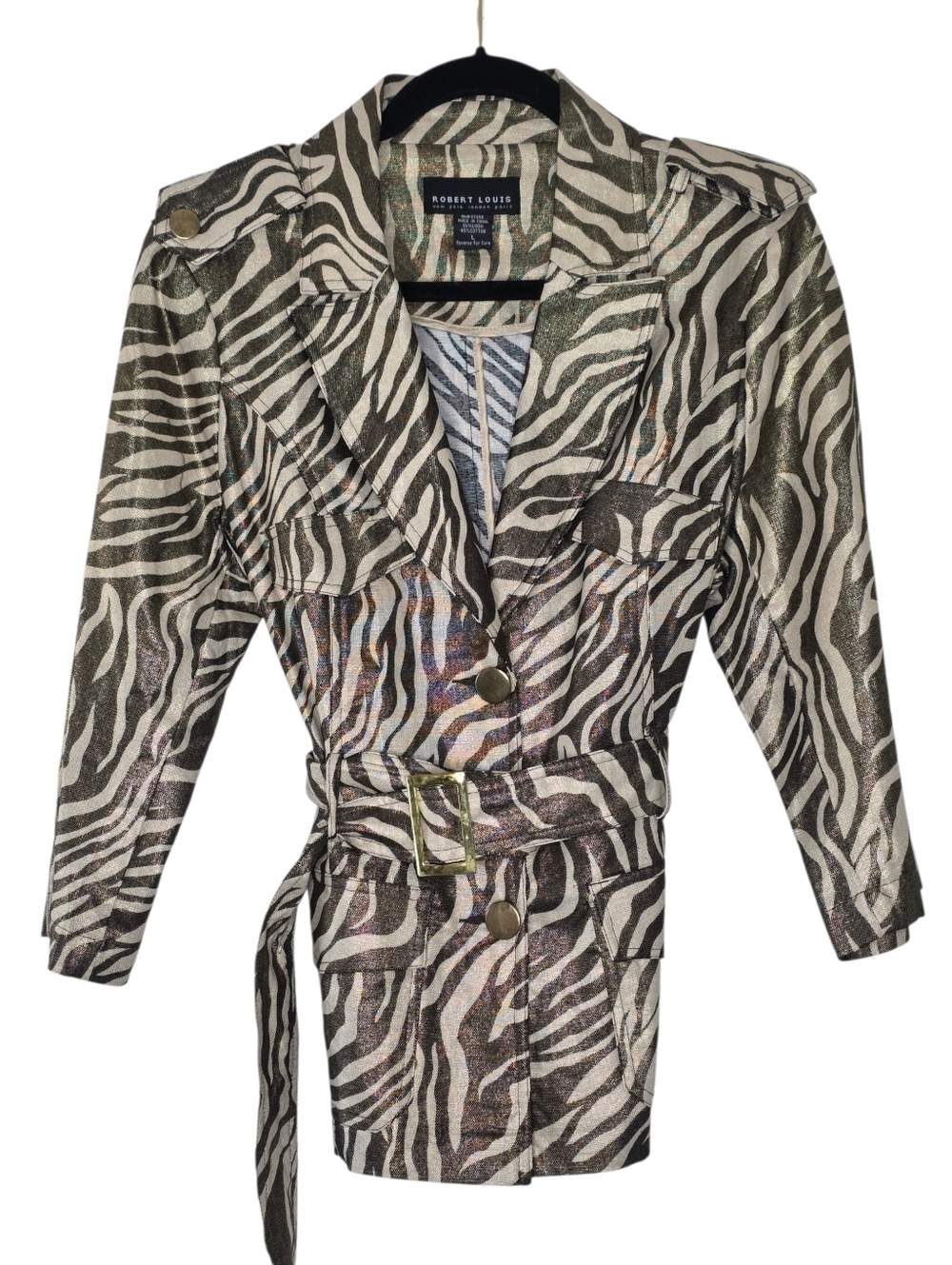 Linen Blend Zebra Print Jacket Size L Button-up Belted Blazer with Pocket Spring